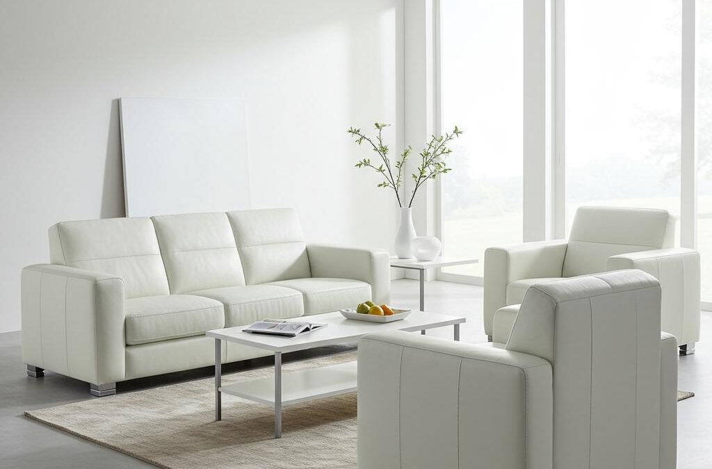 Modern white leather sofa set in a bright living room, emphasizing the importance of upholstery cleanliness for home health and comfort.